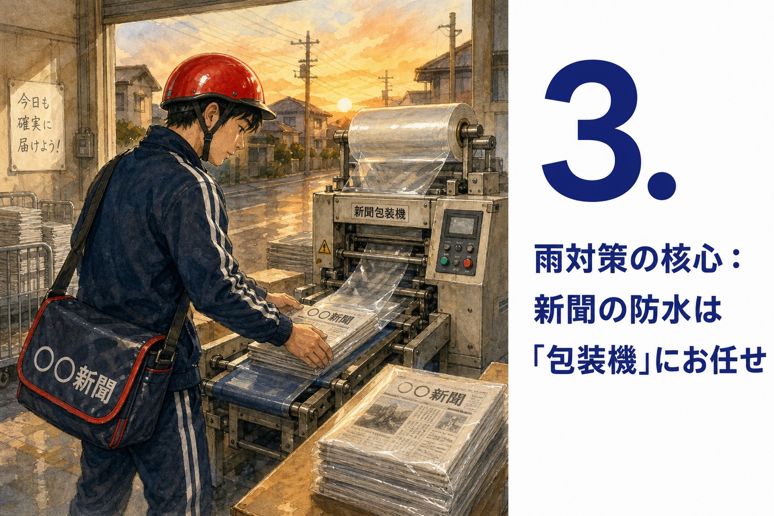 3. 雨対策の核心：新聞の防水は「包装機」にお任せ