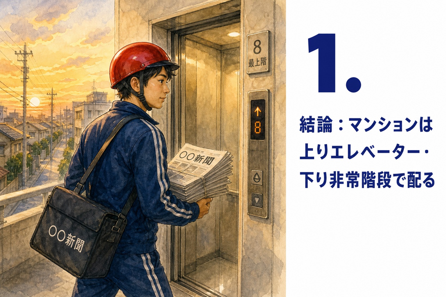 1. 結論：マンションは上りエレベーター・下り非常階段で配る