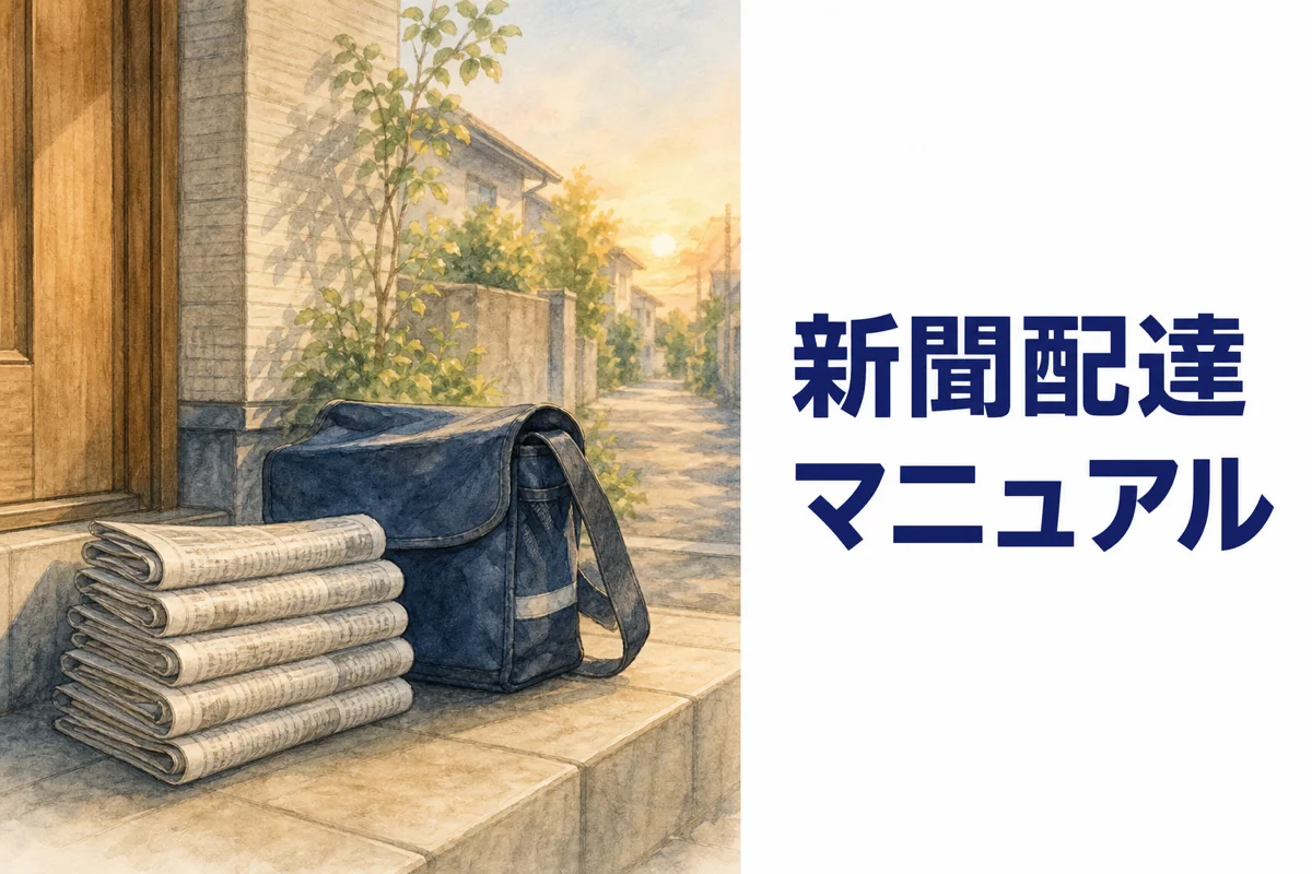 新聞配達マニュアルの表紙イメージ。夜明けの玄関先に置かれた新聞の束と配達用カバンの水彩イラストに「新聞配達マニュアル」と書かれている