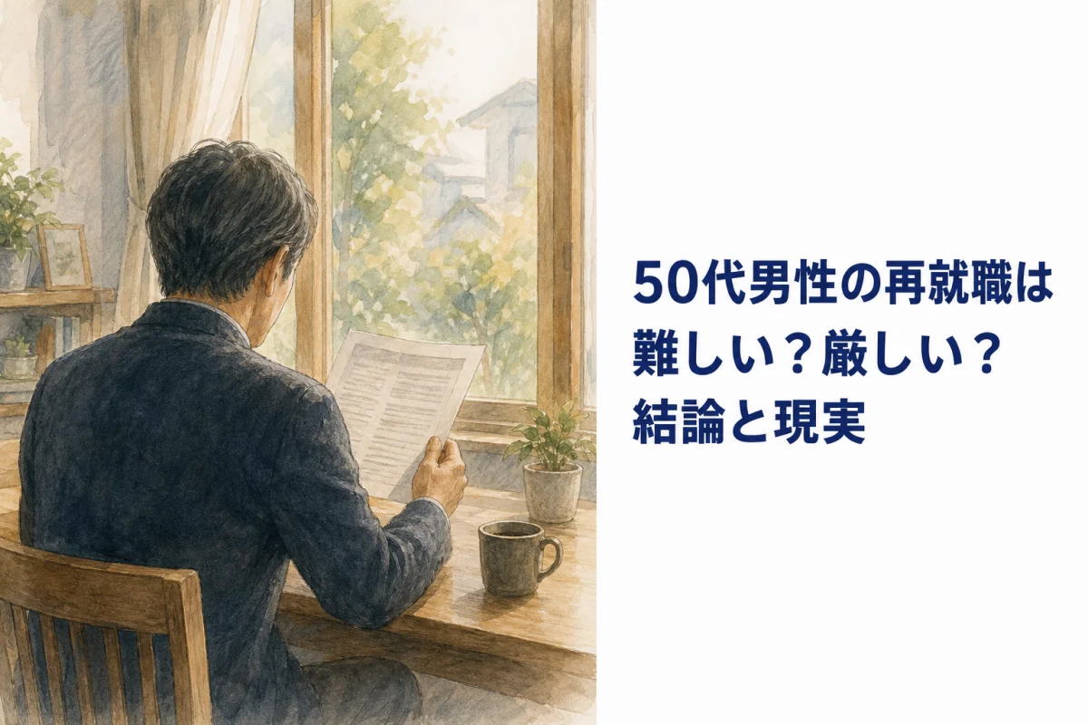 窓際のテーブルで求人のチラシを見て考える男性の後ろ姿の水彩イラスト
