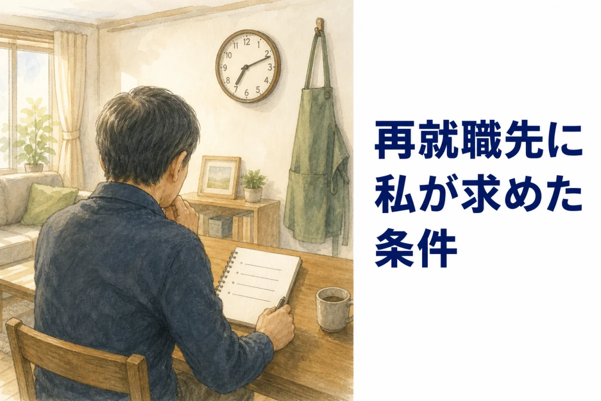 ノートの前で仕事に求める条件を考える男性の後ろ姿の水彩イラスト