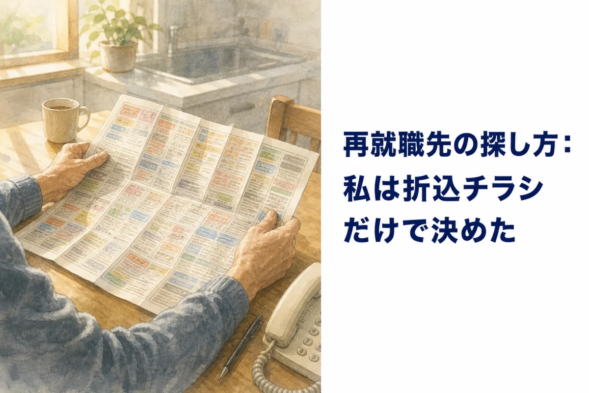 テーブルに新聞の折込チラシを広げる男性の手元の水彩イラスト