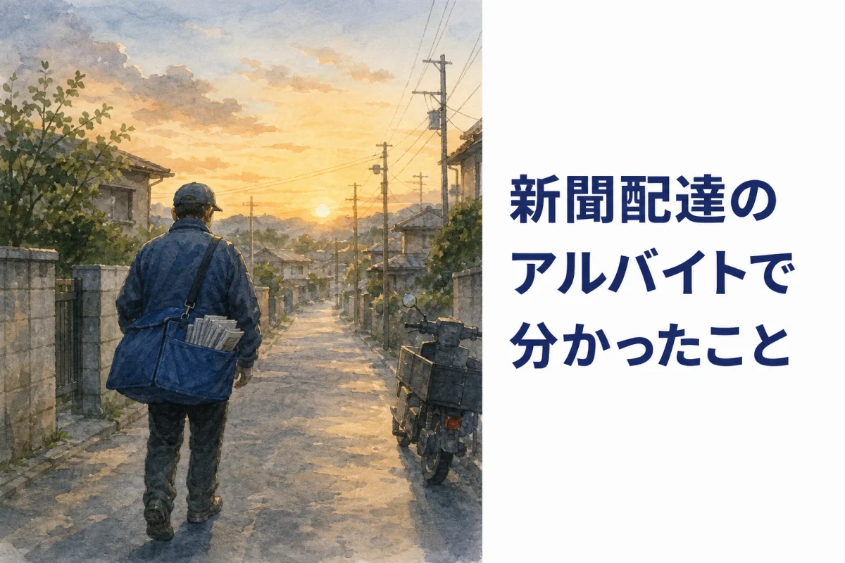 夜明けの住宅街で新聞の入ったカバンを下げて歩く配達員の後ろ姿の水彩イラスト