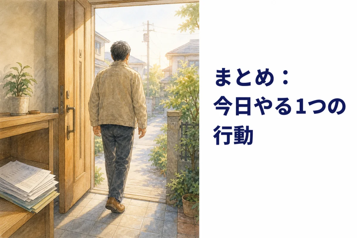 朝の光の中、玄関から歩き出す男性の後ろ姿の水彩イラスト