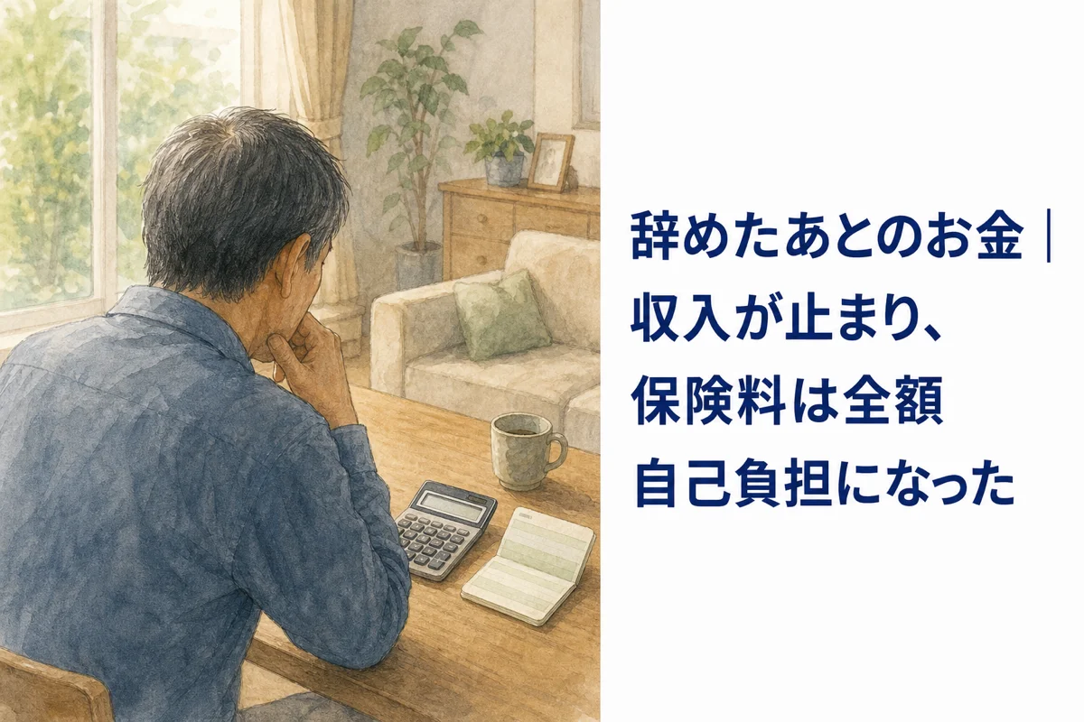 テーブルで電卓と通帳を前に考える男性の後ろ姿の水彩イラスト