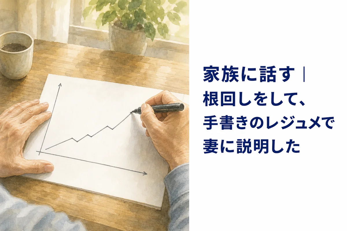 画用紙に手書きでグラフを描く男性の手元の水彩イラスト