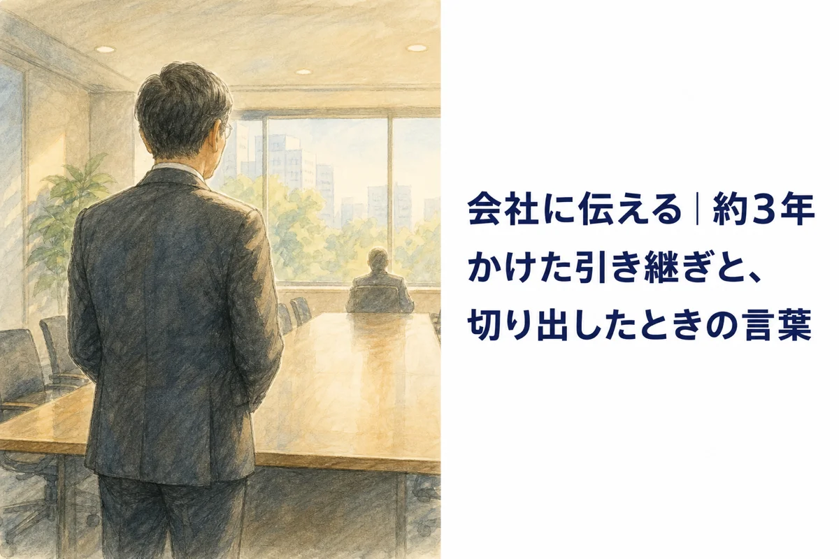会議室で、離れた席の人に向かって立つスーツの男性の後ろ姿の水彩イラスト