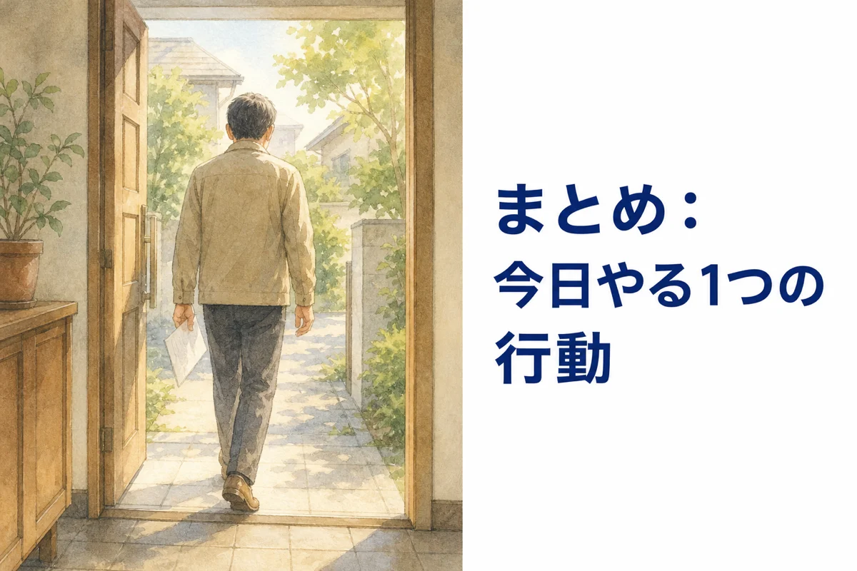 朝の光の中、玄関から歩き出す男性の後ろ姿の水彩イラスト