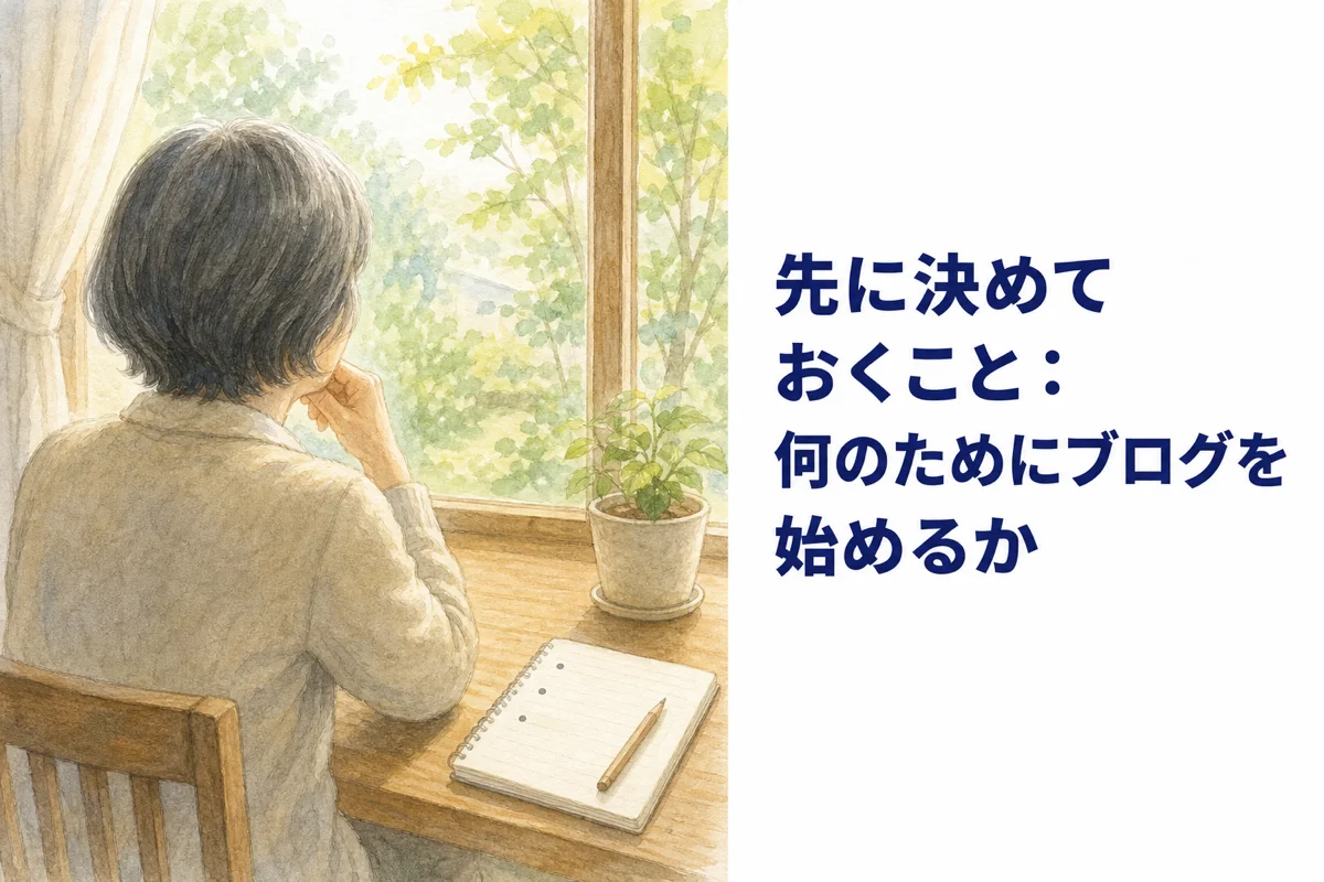 窓辺でノートと鉛筆を前に頬づえをついて考える年配の女性の後ろ姿の水彩イラスト