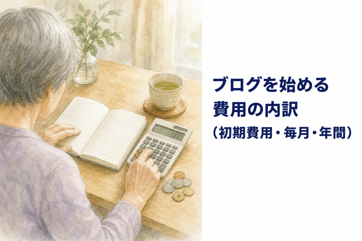 机の上で電卓を使い、帳面と小銭を前にする年配の人の手元の水彩イラスト