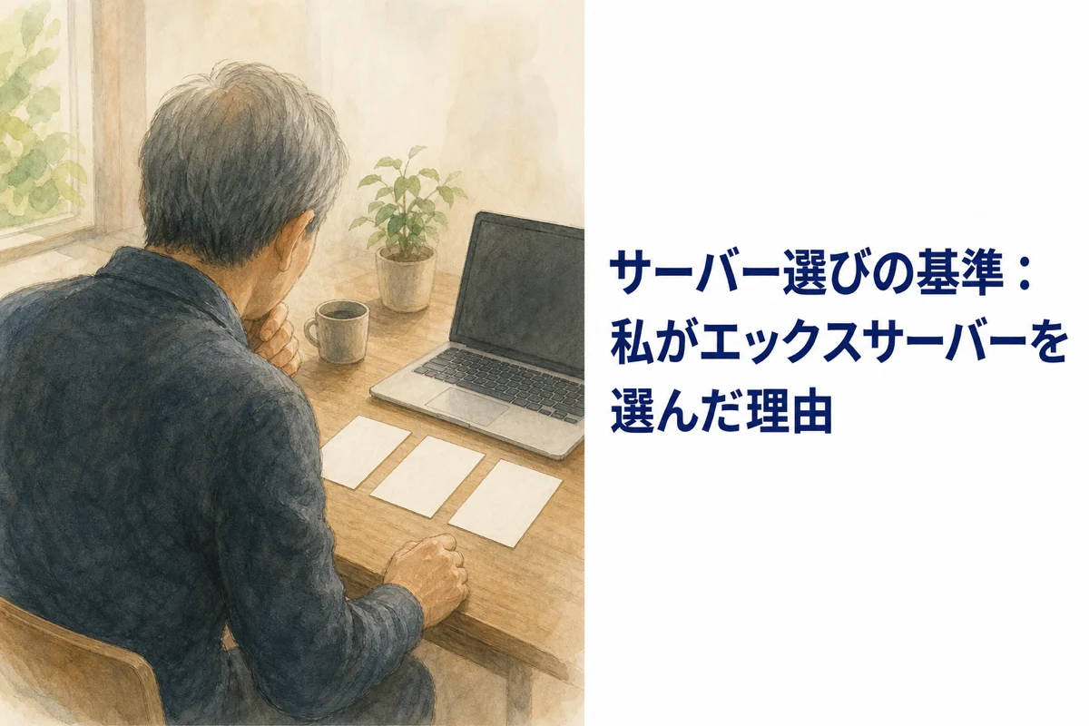 ノートパソコンの横に白いカードを3枚並べて見比べる年配の男性の後ろ姿の水彩イラスト