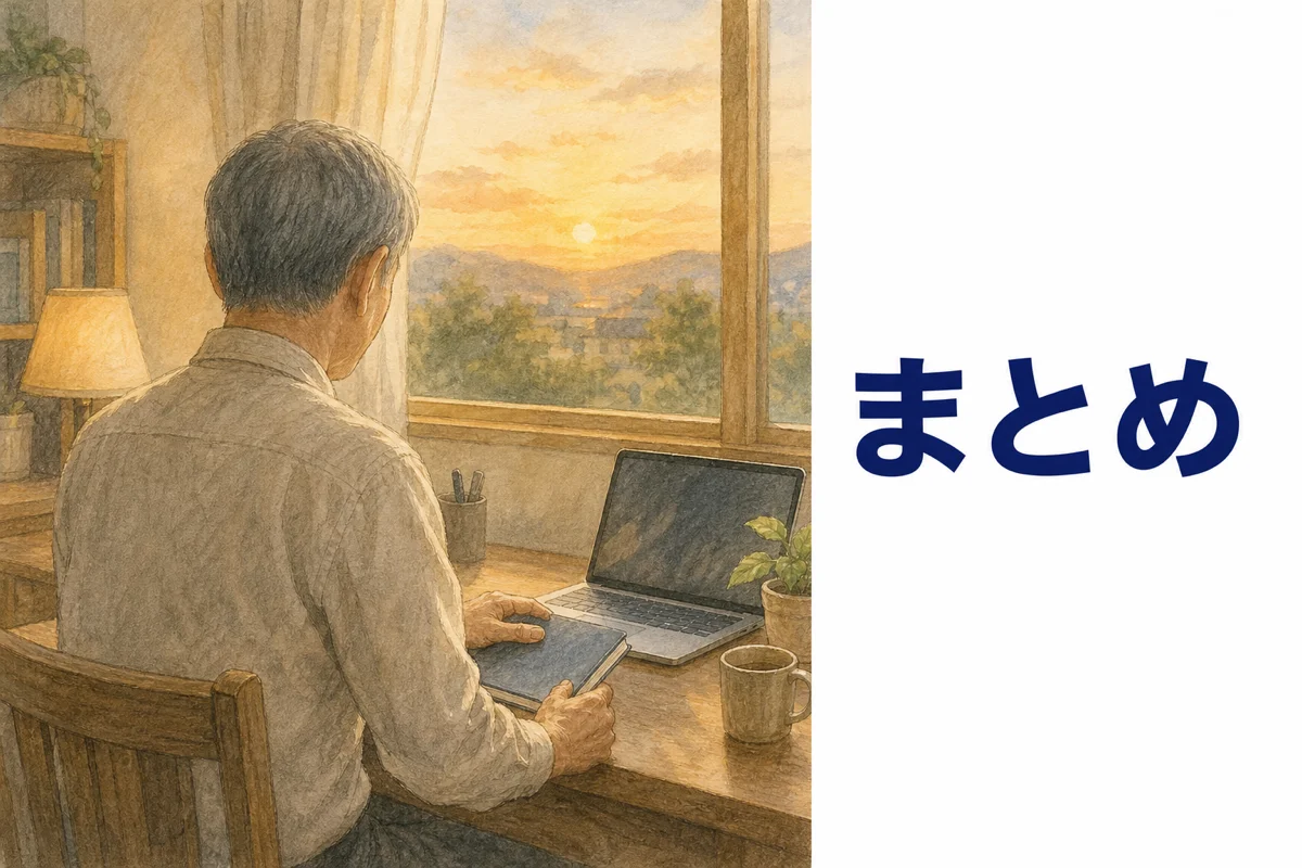 夕方の窓辺でノートを閉じて落ち着いた様子の年配の男性の後ろ姿の水彩イラスト