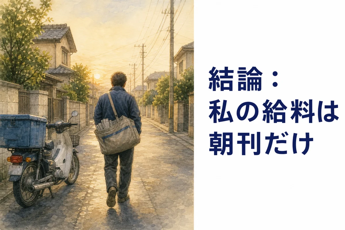 朝の住宅街で、新聞の入ったカバンを肩にかけて歩く配達員の後ろ姿と、そばに停めた配達用バイクの水彩イラスト