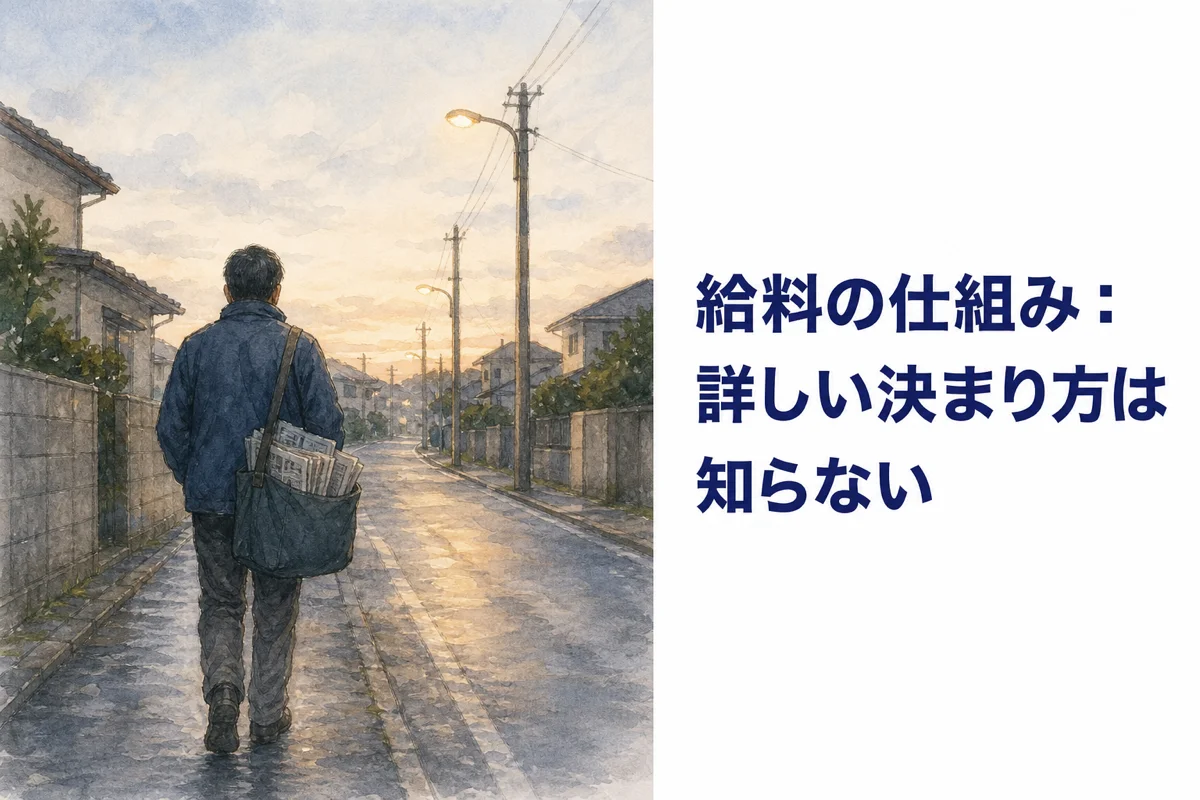 夜明け前の街灯が残る道を、新聞の入ったカバンを下げて配達に向かう人の後ろ姿の水彩イラスト