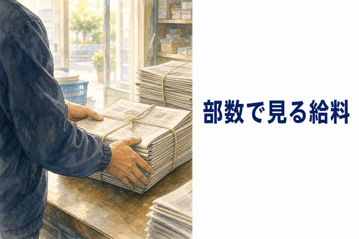 配達店の作業台で、ひもで束ねた新聞の束をそろえる手元の水彩イラスト