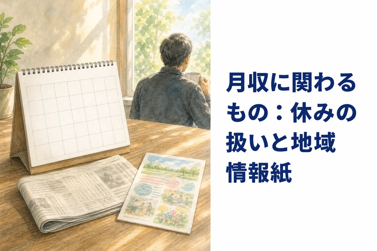 白紙の卓上カレンダーと折りたたんだ朝刊と情報紙が窓辺のテーブルに並び、奥で男性がコーヒーを飲む水彩イラスト
