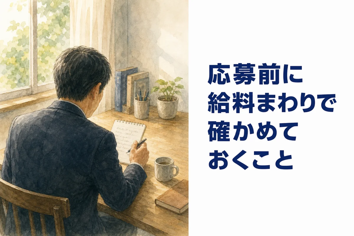 面接の前に、ノートに書いたメモを確かめる男性の後ろ姿の水彩イラスト