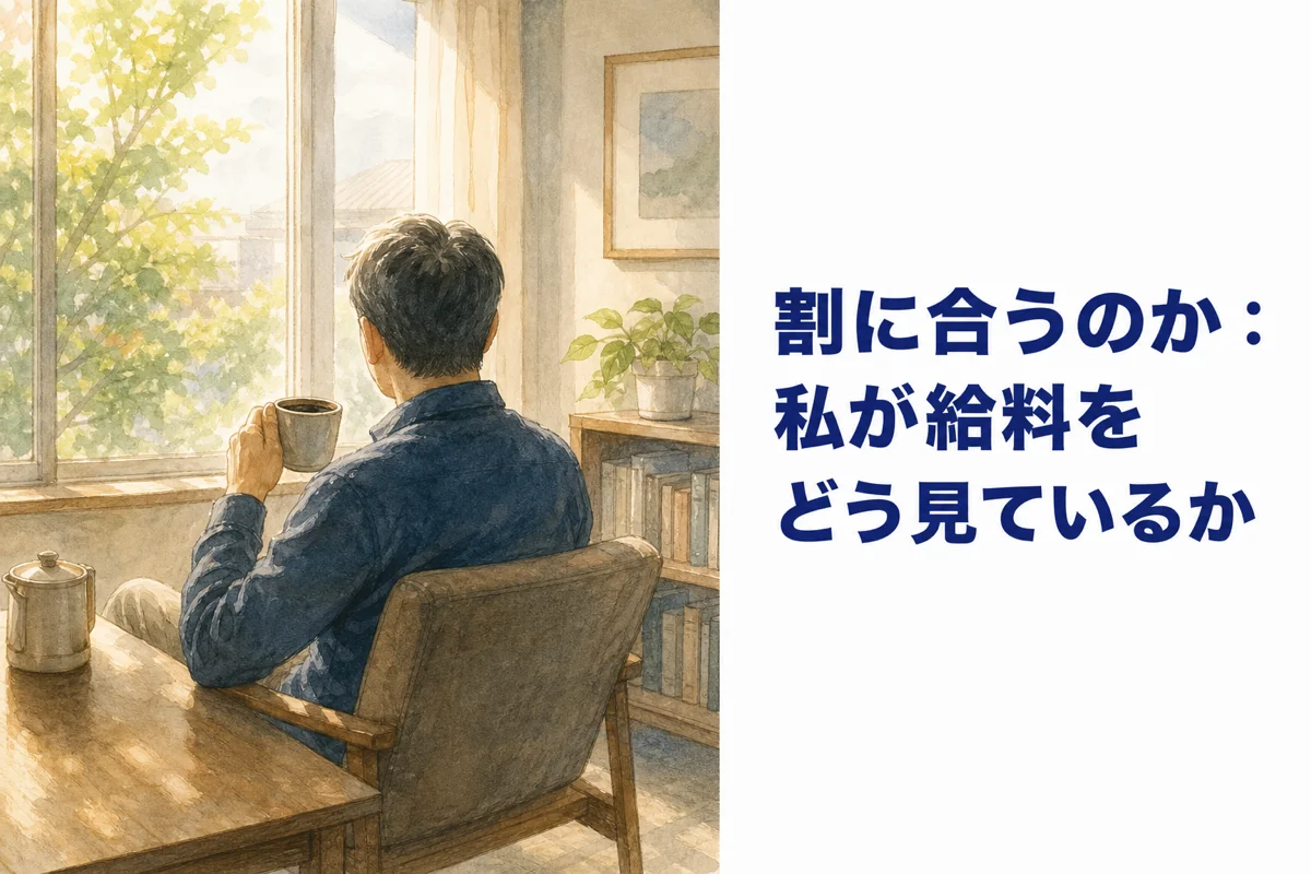 朝の光が入る部屋で、コーヒーを手に窓の外を眺めて休む男性の後ろ姿の水彩イラスト