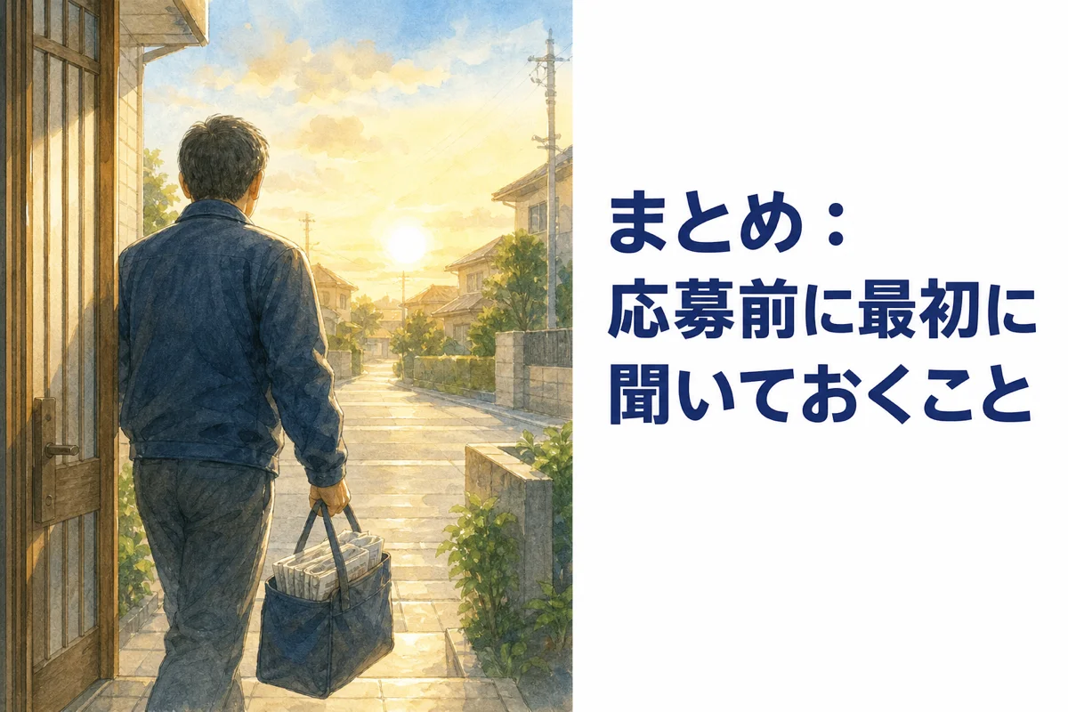 朝日が昇る道へ、新聞の入ったカバンを手に玄関から歩き出す男性の後ろ姿の水彩イラスト