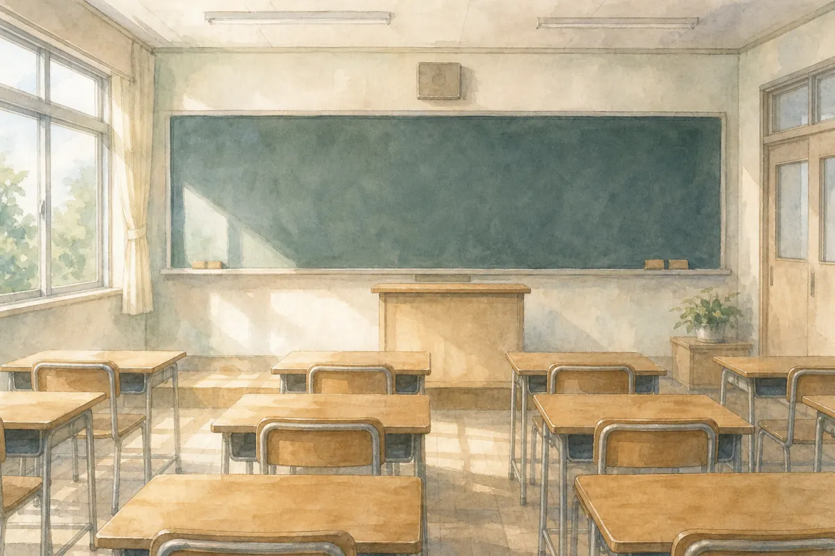 書き込みのない黒板と教壇、机が並ぶ誰もいない教室の水彩イラスト