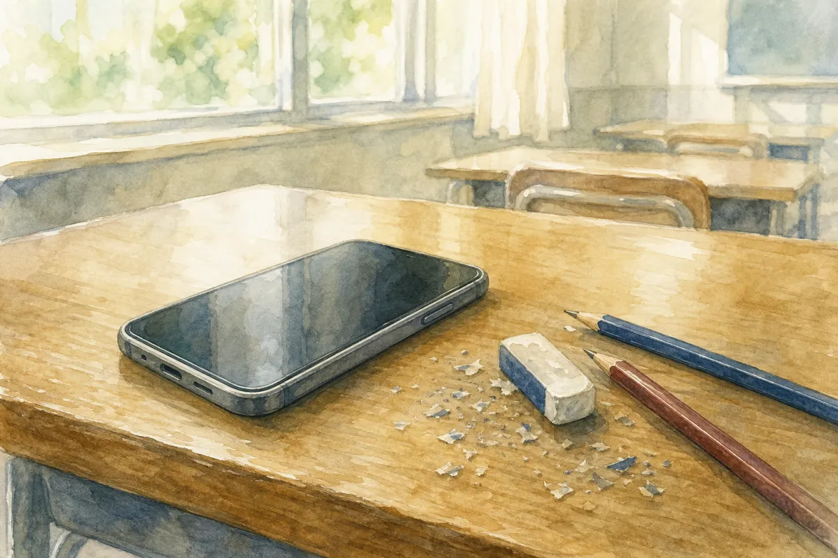 教室の机の上に置かれた画面の暗いスマートフォンと消しゴムと鉛筆の水彩イラスト